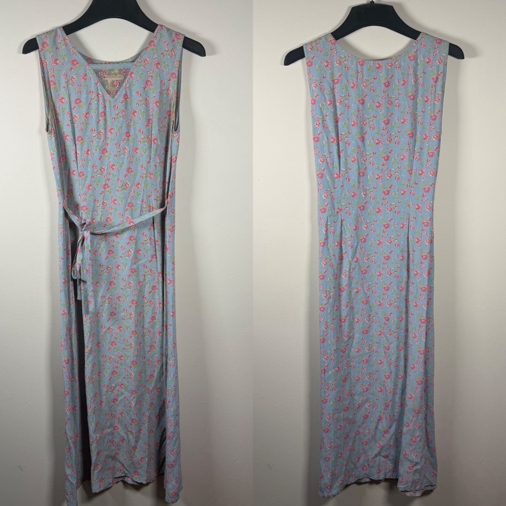Vintage April Cornell Blue Rose Garden Sleeveless V-neck Sundress Maxi Size XS